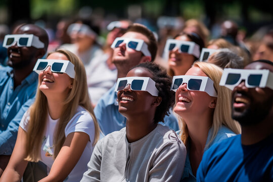 People view eclipse wearing protective glasses