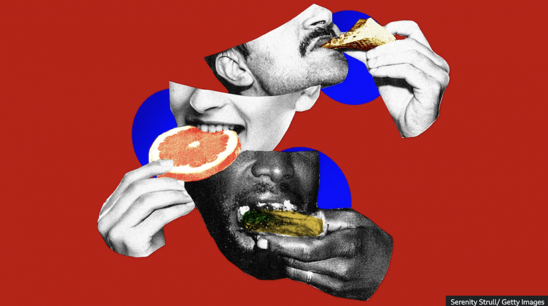 Graphic of a three people eating various foods