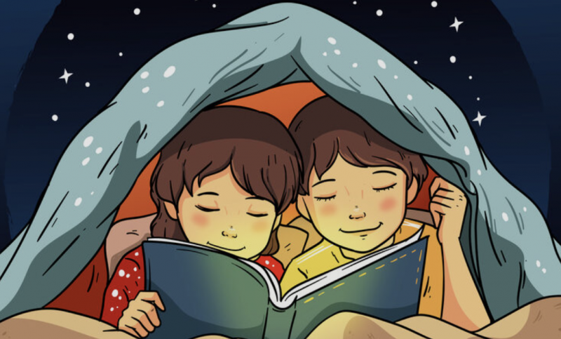 Illustration of two kids reading under a blanket