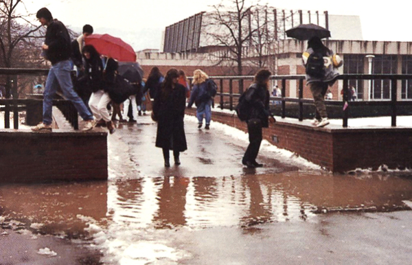Students walking through the snow to class