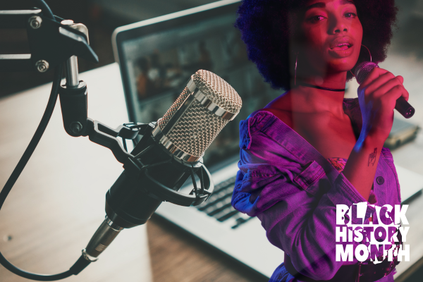 A layered image of a Black female musician and a podcast set up.