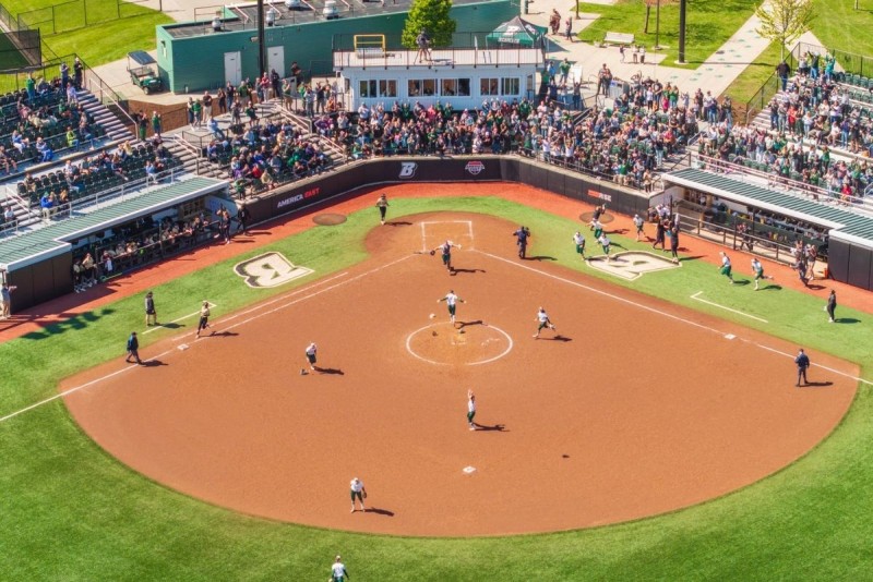 An aerial view of the softball team mid-game at the Bearcats Sports Complex.