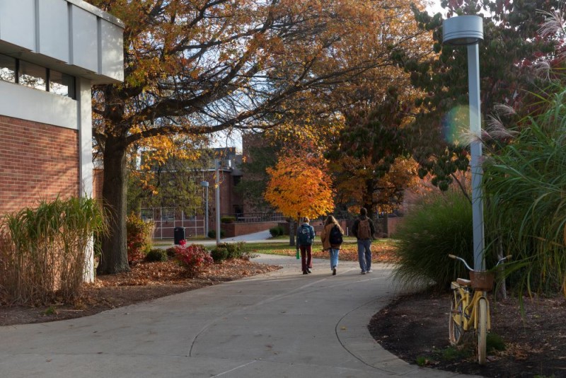 Students walking on campus in fall