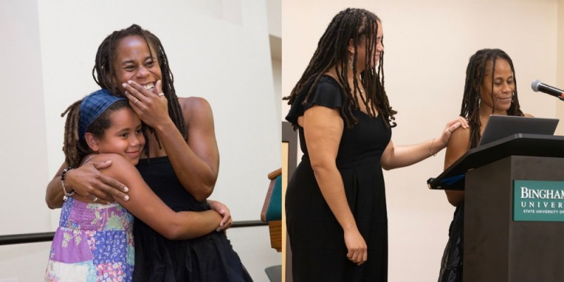 A side-by-side of artist Gillian Patrick and her daughter embracing in 2016 and in 2025.