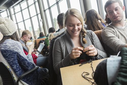 Students knitting on campus