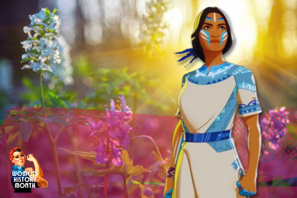 A layered image with a sun-filled meadow and a picture of Marvel animated character Kahhori.