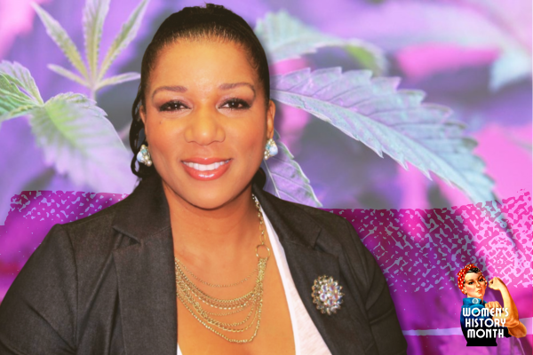 A layered image with a woman of color against a stylized background of marijuana leaves.
