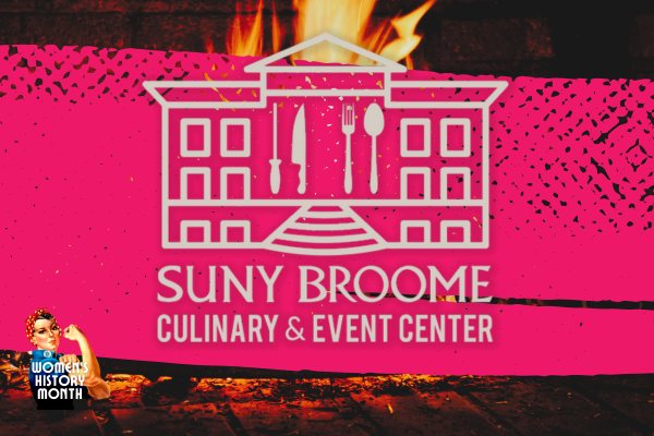 A layered image with a fireplace and the logo for the SUNY Broome Culinary & Event Center.