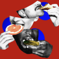 Graphic of a three people eating various foods
