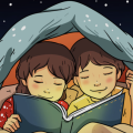 Illustration of two kids reading under a blanket