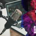 A layered image of a Black female musician and a podcast set up.
