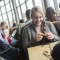 Students knitting on campus