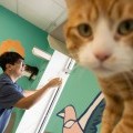 An orange cat gets very close to the camera as a student cleans a room at the Humane Society.