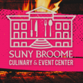 A layered image with a fireplace and the logo for the SUNY Broome Culinary & Event Center.