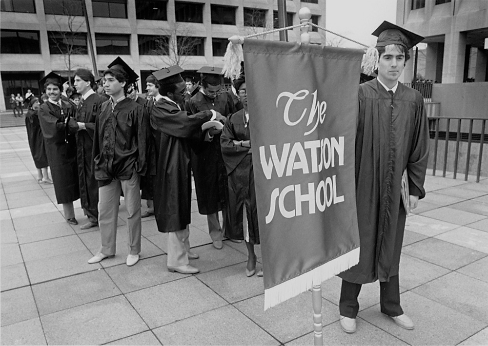 Students line up for the first Commencement at the Watson School in 1984.