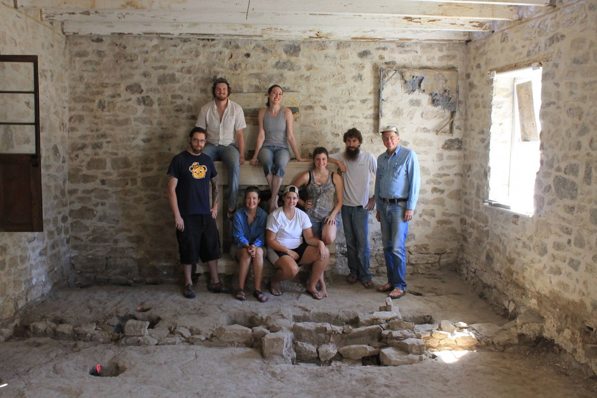 Crew photo from our summer 2016 excavations at the Biry/Ahr House in Castroville. Seated on fireplace mantel: Sam Stansel (Colorado College volunteer), Patricia Markert;
Standing, L-R:  Jesse Pagels, Erin Whitson, Maxwell Forton (all Binghamton graduate students), Randall H. McGuire (Binghamton distinguished professor and project volunteer);
Seated, L-R: Ruth Van Dyke (Binghamton professor and project director), Hunter Crosby (Binghamton undergrad class of 2017).