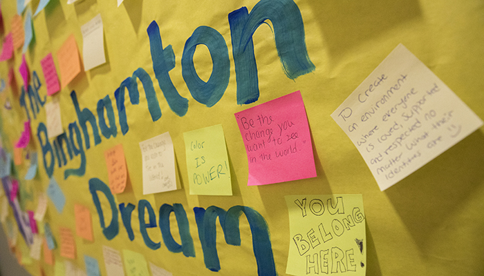 A Binghamton Dream wall created with Post-it notes for the inaugural MLK Jr. Week of Welcome celebration in 2016.