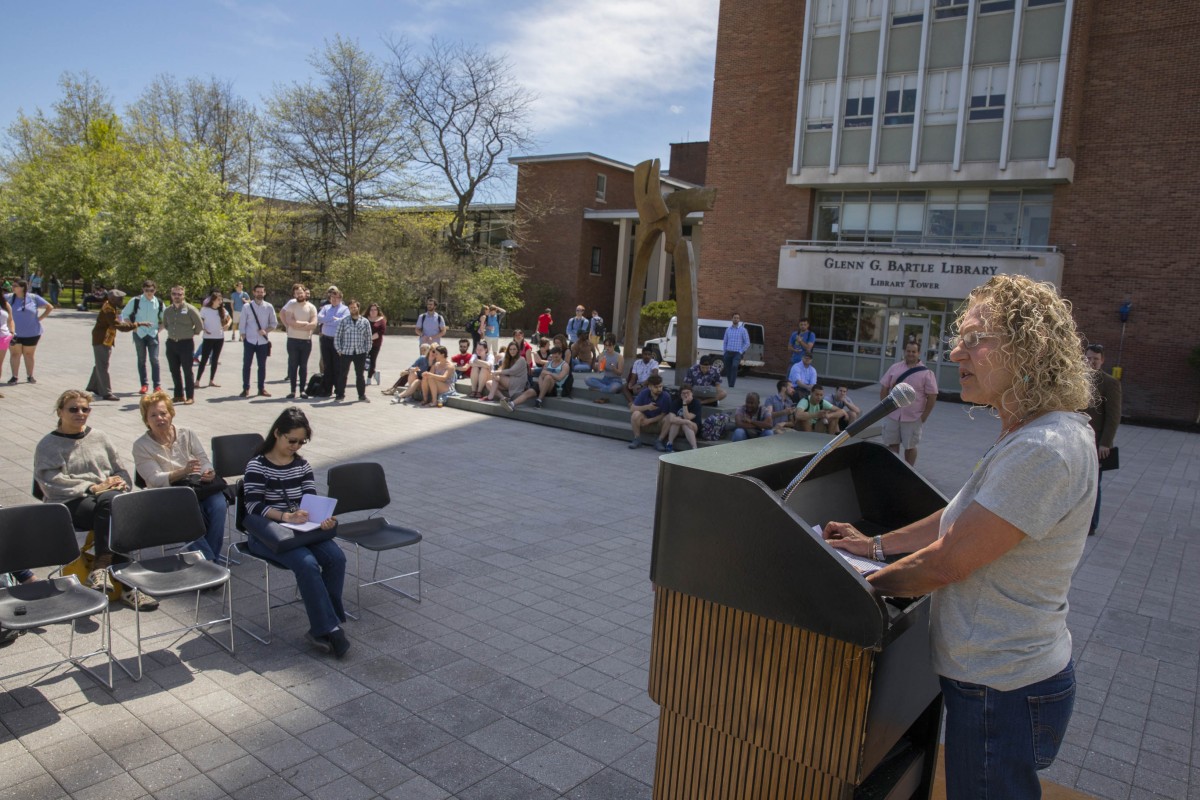 Jean Quataert, distinguished professor of history, speaks at “What Now? Historians on Trump’s America,” a teach-in, held on April 28, 2017, at the Harpur Quad fountain.