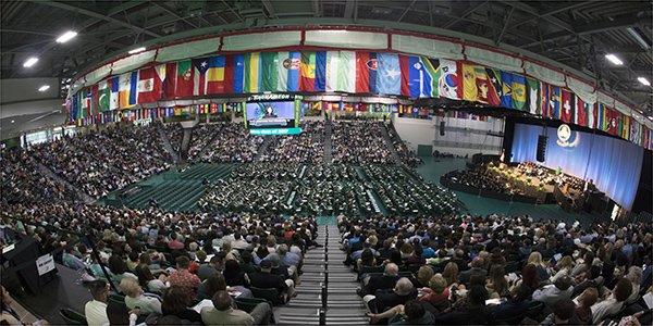 A look at the Events Center filled with Harpur students and their families during a Commencement 2017 ceremony.