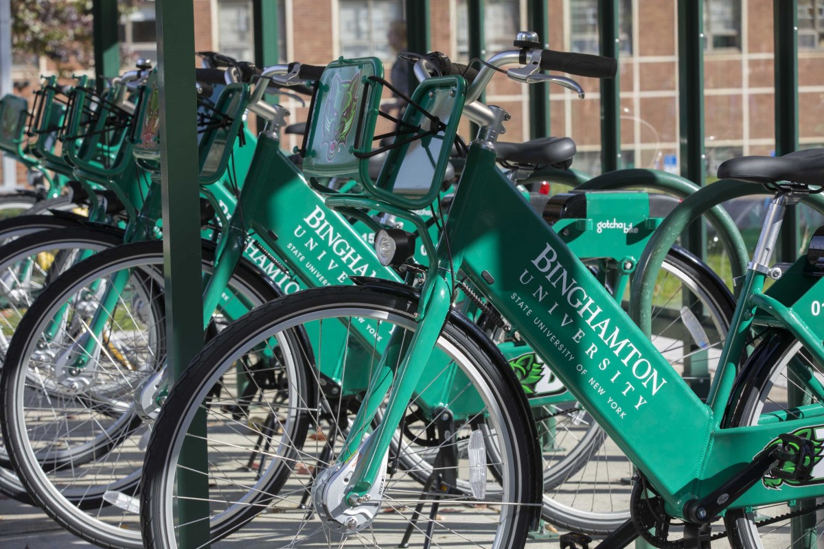 Bicycles that are part of the bike share program, Gotcha Bike, parked near Lecture Hall, October 27, 2017.