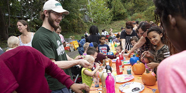 Business administration major Paul Kallensee at Fall Fest 2018 in the NoMa neighborhood in downtown Binghamton, facilitated by Binghamton University faculty and students.