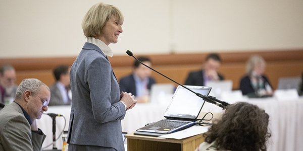 SUNY Chancellor Kristina Johnson responds to questions from faculty senators during the fall 2018 plenary meeting of the SUNY University Faculty Senate, held at Binghamton University Oct. 18-20.