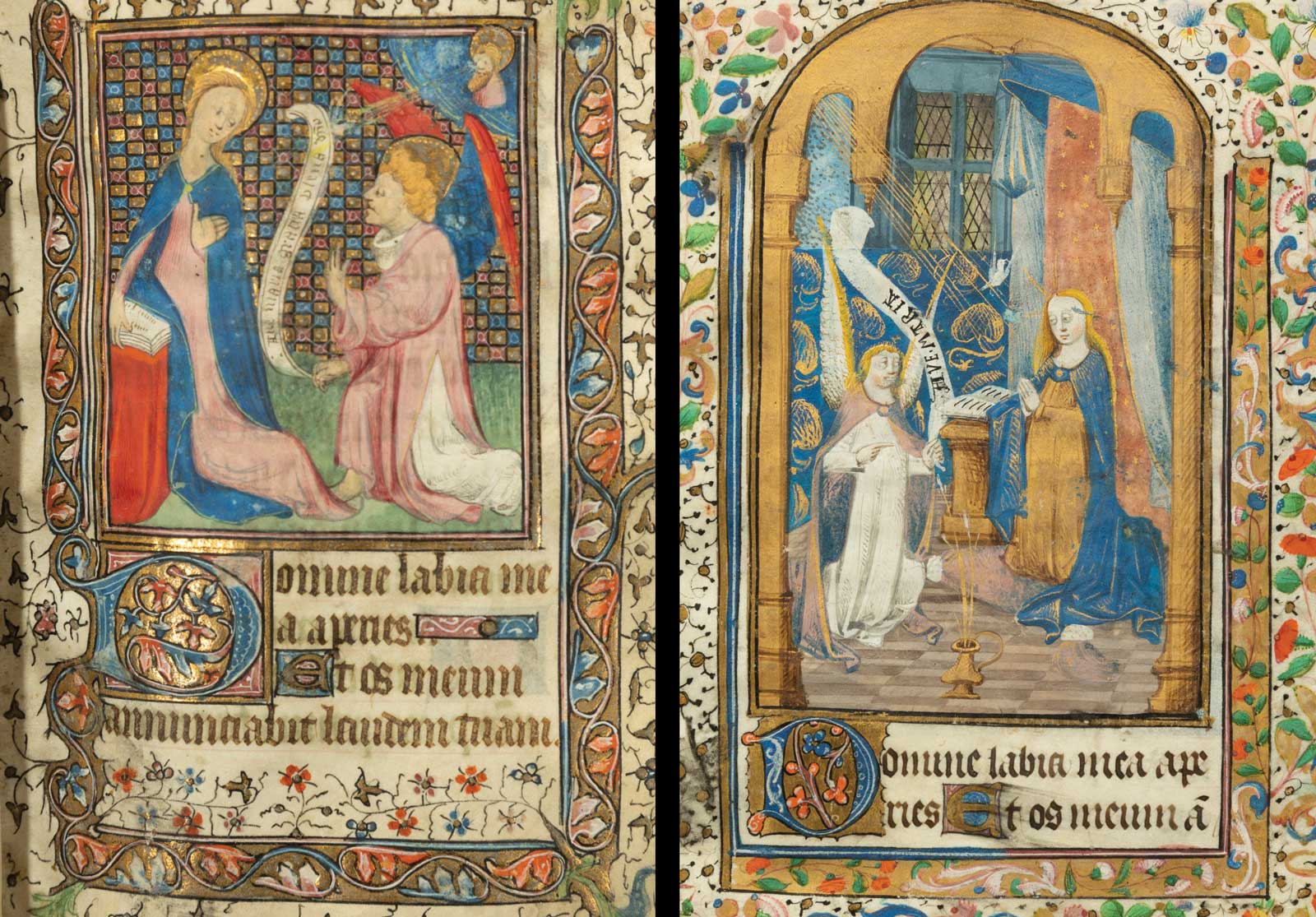 Looking at the same scene in the two books reveals similarities and differences. Take the Annunciation, for instance: Both pictures feature Mary reading and wearing a blue garment, receiving a visit from the angel Gabriel. A scroll, sort of a medieval speech bubble, has the same text: “Ave Maria.” Gabriel’s appearance and the scene in which he finds Mary are quite different in the two books.