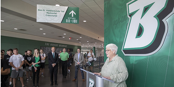 Sheila Doyle, executive director of the Binghamton University Foundation, speaks at the dedication of the Ben G. VanDerLinde '84 Memorial Concourse at the Events Center on July 8, 2019.