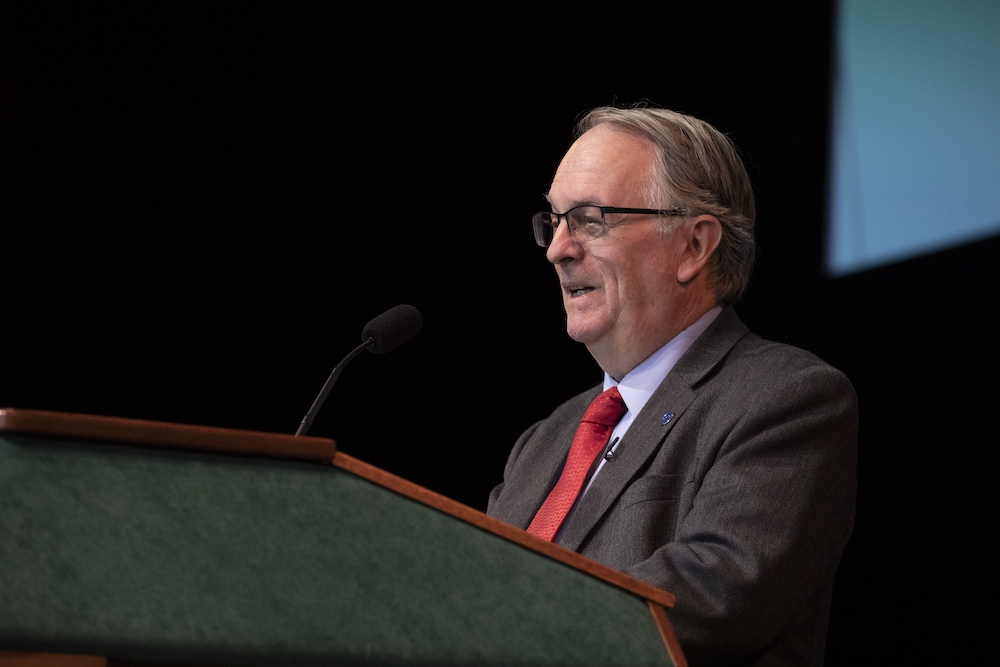Distinguished Professor of Chemistry and Materials Science M. Stanley Whittingham addresses the crowd at a ceremony held in his honor at the Anderson Center for the Performing Arts on October 18, 2019.