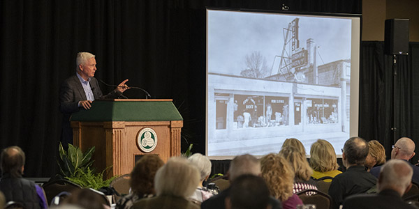 Ed Stack, chairman and CEO of Dick's Sporting Goods, speaks to the Binghamton University forum in October.