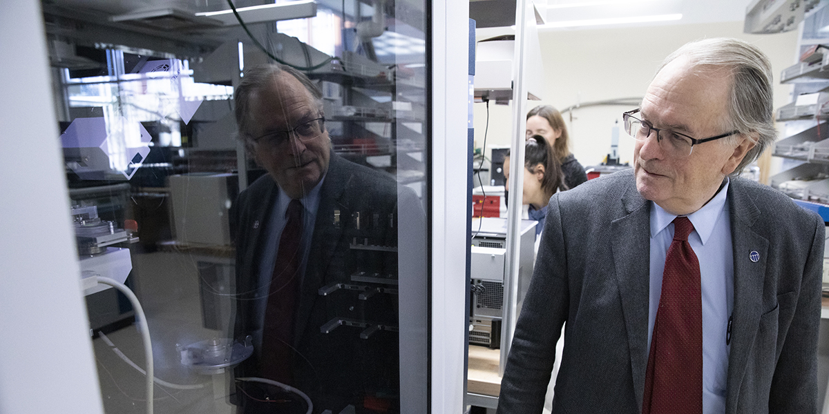 M. Stanley Whittingham, distinguished professor of chemistry and materials science and 2019 Nobel Laureate in chemistry, pictured here in his lab at the Center for Excellence at the Innovative Technologies Complex.