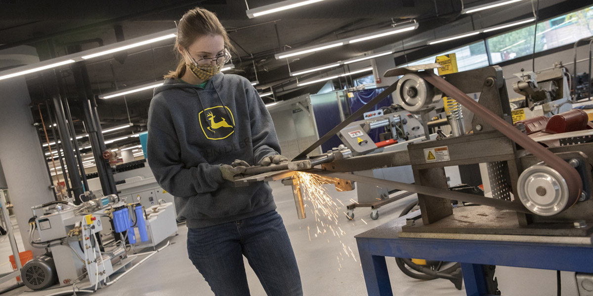 Riley Heywood '20, MS '21, uses the newly renovated Fabrication Lab in the Engineering Building to build the Watson College Baja car while still a student this spring.