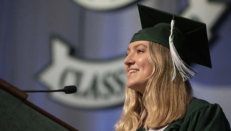 Emma Pawliczak, who received her bachelor’s degree in mechanical engineering, speaks during Watson College's virtual Commencement ceremony for the Class of 2020.