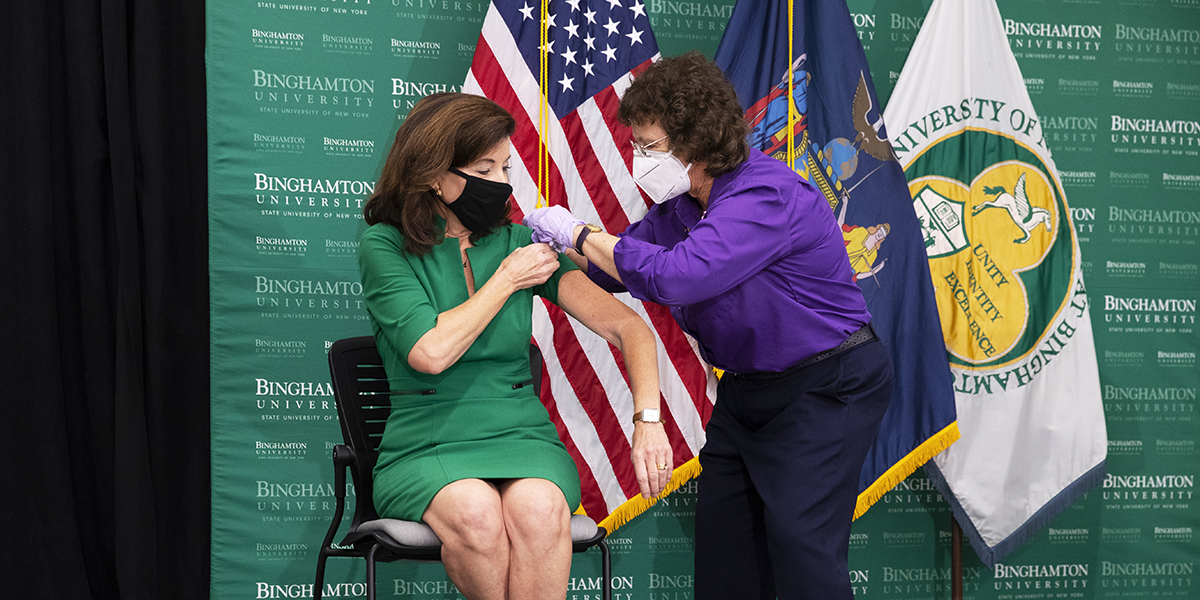 New York State Gov. Kathy Hochul received her COVID-19 booster shot from Melissa Brennan, FNP, of the Broome County Health Department, at the conclusion of a press conference held to officially open the Health Sciences Building on the Binghamton University Health Sciences Campus in Johnson City, N.Y.