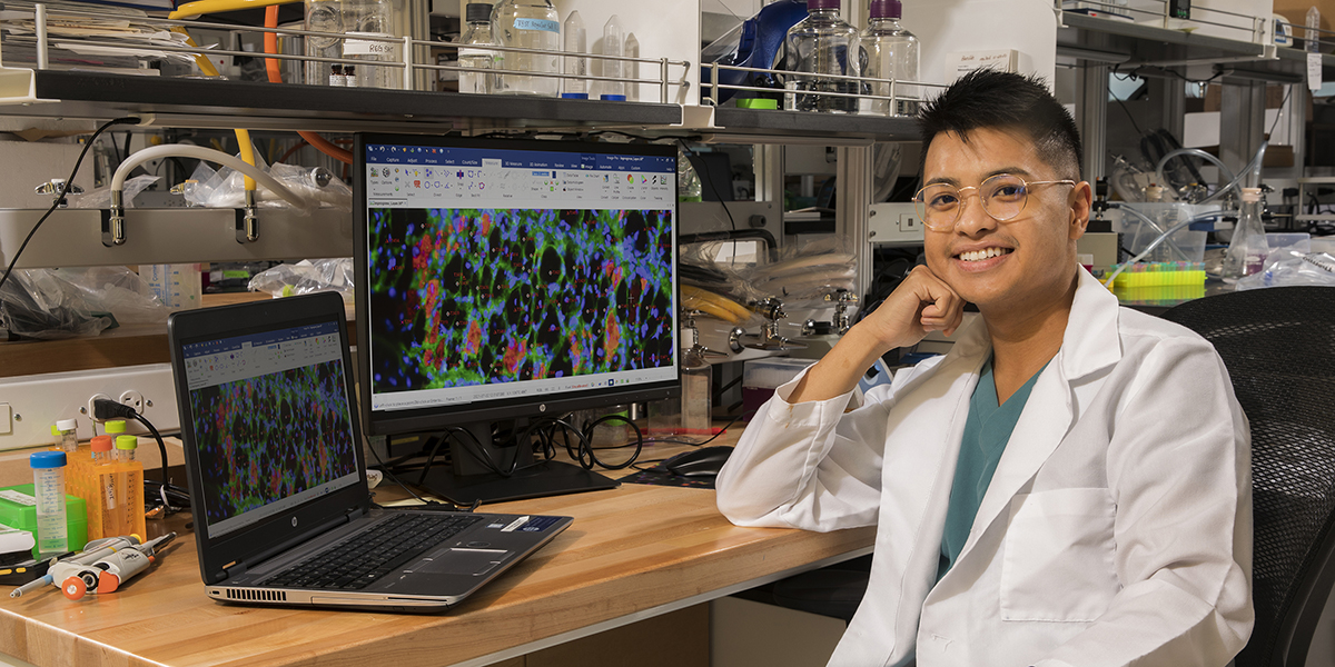 Ricky Lam's second APPE as a P4 student was in the lab of Aaron Beedle, associate professor of pharmaceutical sciences at Binghamton University, where he analyzed the damaged tissue of mice to look for mutations in research relating to muscular dystrophy.