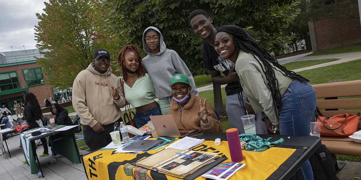 Student groups tabling along the DeFleur Walkway near the University Union during a Multicultural Resource Center event in September 2021.
