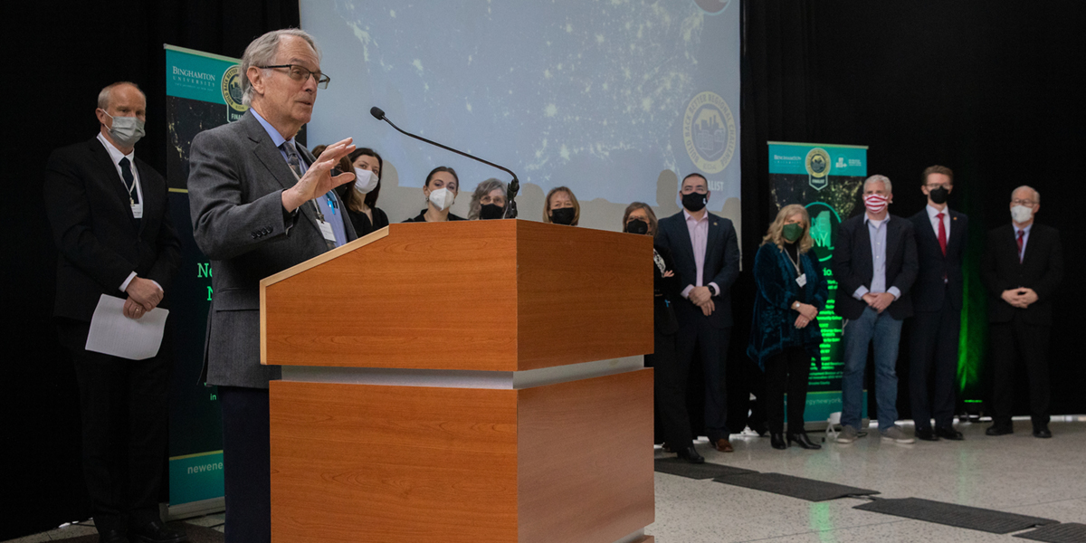 Distinguished Professor M. Stanley Whittingham, winner of the 2019 Nobel Prize in Chemistry for his role in the creation of lithium-ion batteries, spoke to a meeting of the New York New Energy (NENY) coalition on Thursday.