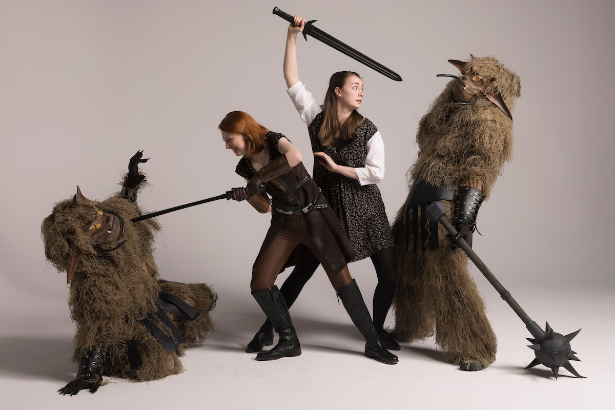 Patrick Saint Ange, left, and Yiorgos Stenos as BugBears. Olivia Timmis, second from left, as Tilly and Mary Chattin as Agnes.