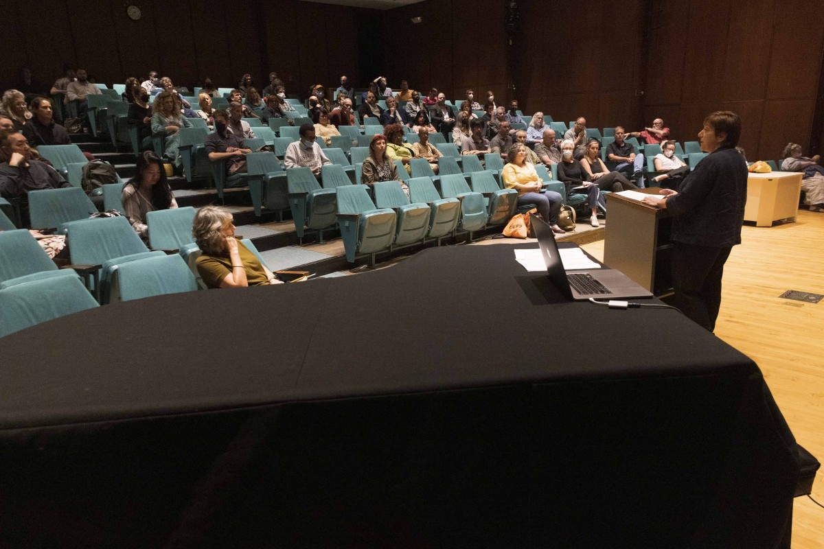 Dean of Harpur College of Liberal Arts and Sciences Celia Klin discusses a proposed School of the Arts during a Sept. 7 town hall session in the Casadesus Recital Hall.