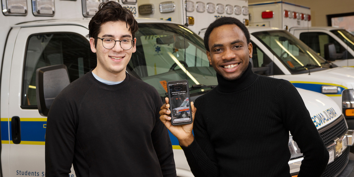 Kaan Asar, left, and Daniel Osafehinti created an app called D-Medics alongside students from Vishwakarma University in India and Chulalongkorn University in Thailand as part of Watson College’s Trinational Innovation and Entrepreneurship Immersion Program.