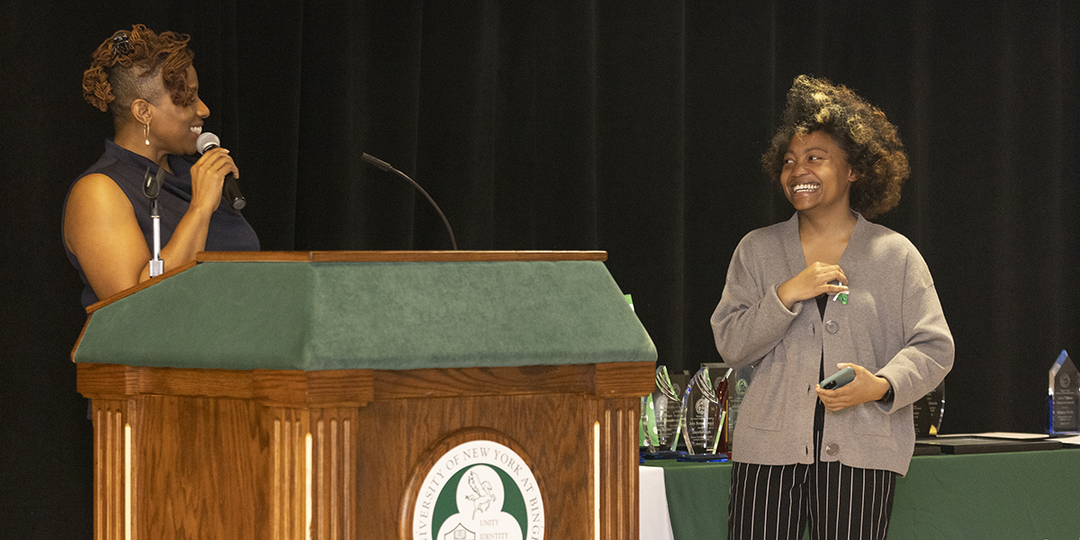 Karima Legette, director of the Educational Opportunity Program, named Nia Johnson as the 2023 EOP Class Representative during the EOP Senior Recognition Brunch and Awards Ceremony.