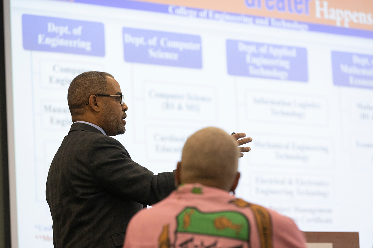 Dawit Haile, dean and professor at the Department of Applied Engineering Technology at Virginia State University, speaks at the Emerging Technology and Broadening Participation Summit.