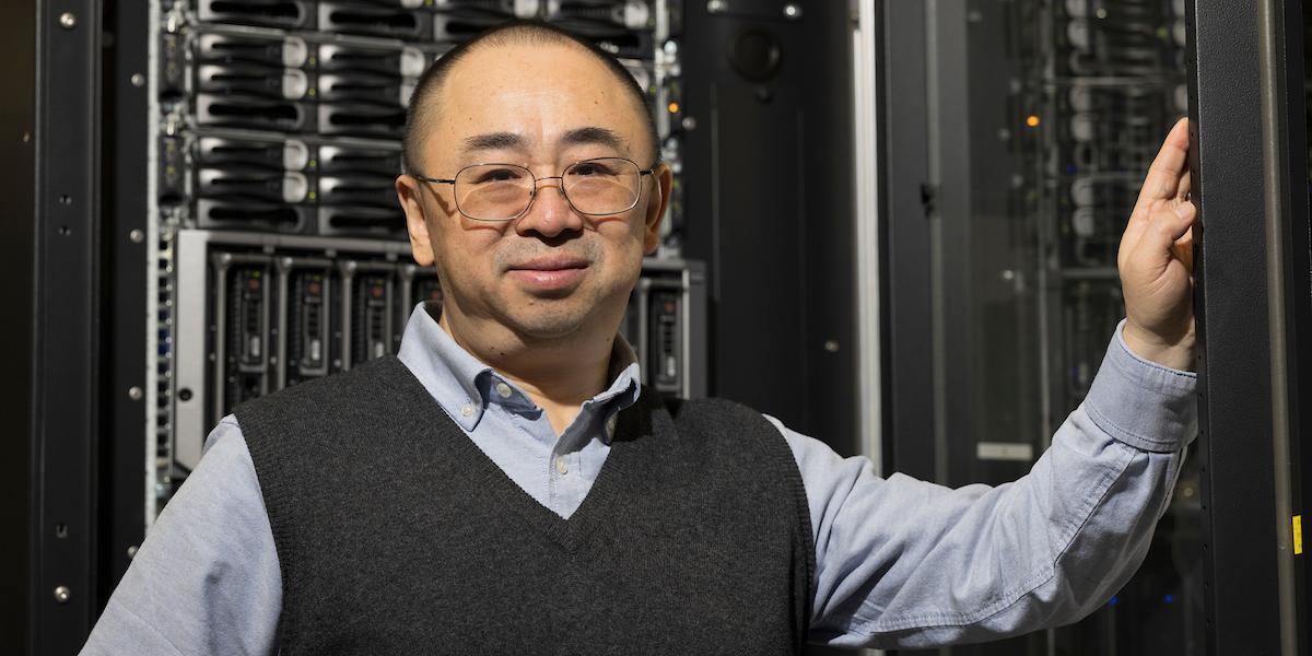 Professor Yu Chen, a faculty member in the Department of Electrical and Computer Engineering at the Thomas J. Watson College of Engineering and Applied Science, in the Data Center of the Engineering and Science Building at Binghamton University's Innovative Technologies Complex.