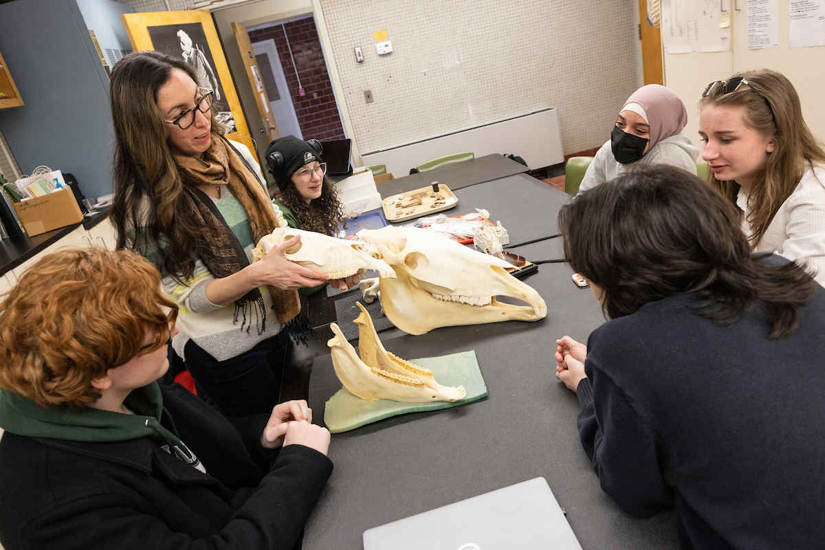 Lecturer Lubna Omar leads a discussion in the Archaeological Analytical Lab for World Anthropology Day.