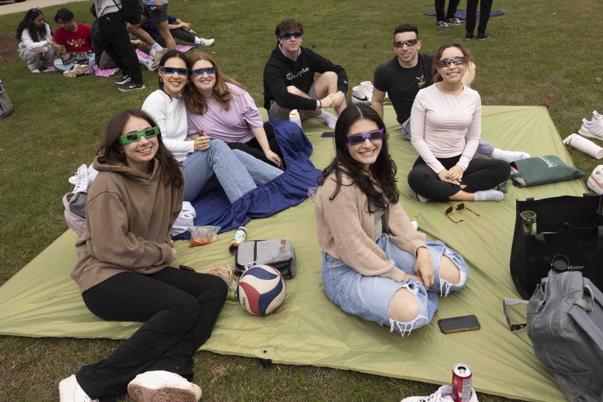 Students in the Quad watch the solar eclipse.