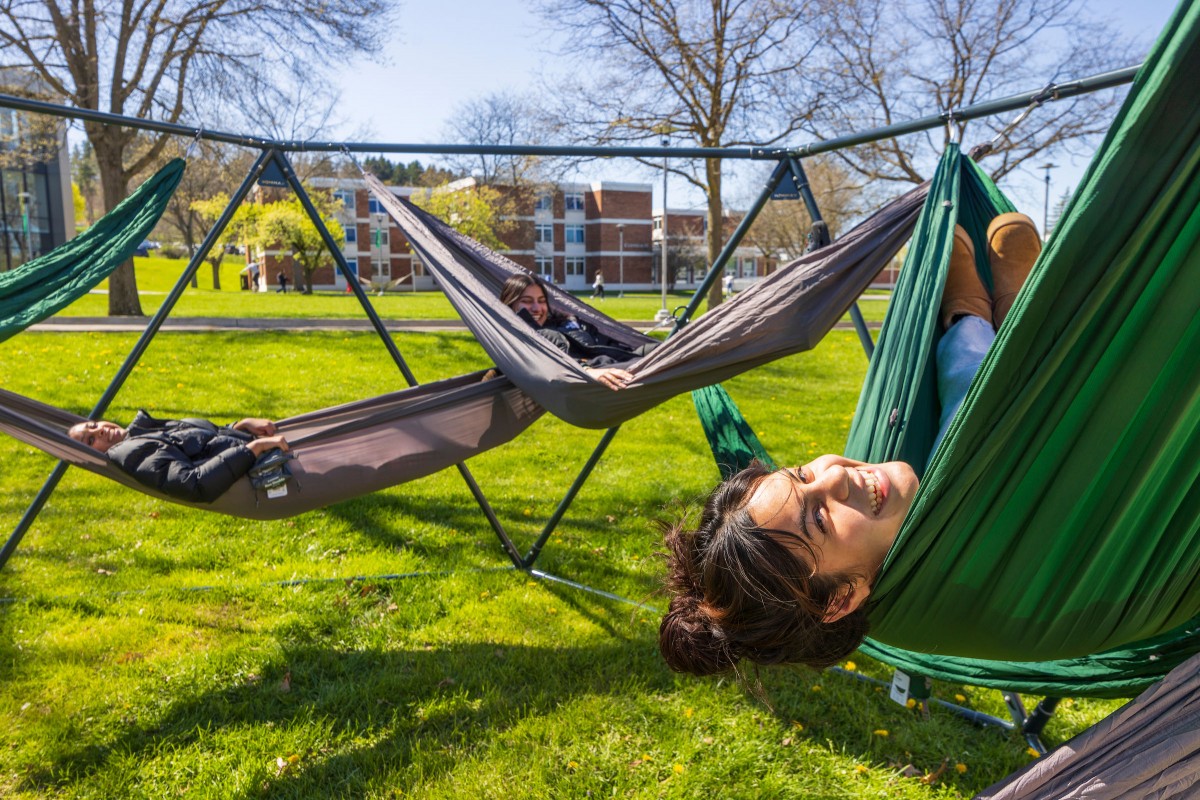 Binghamton University students hang out in hammocks during a beautiful spring day on April 25, 2024. Hammocks originated in South America and the Caribbean more than 4,000 years ago.