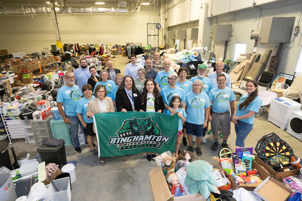 Members of the Move Out Project gather at the Binghamton University Foundation Building in Johnson City each year to view all the donated items Binghamton University students gave to charity.