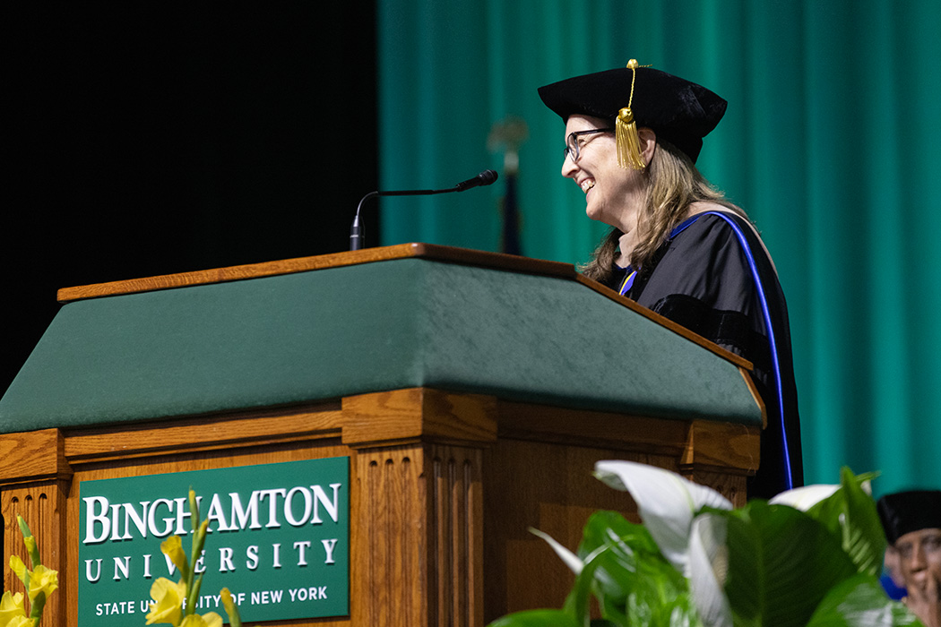 School of Management Dean Shelley Dionne speaks during the 2025 Commencement ceremony.
