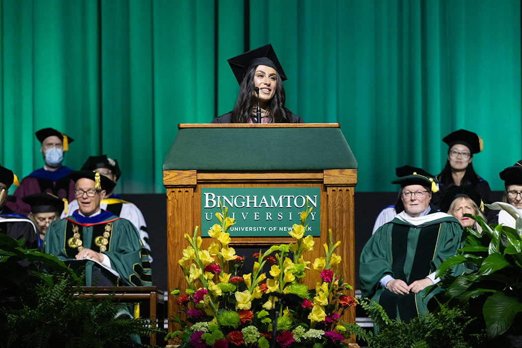 Student speaker Natalie Khalil ’24, MBA ’25, addresses her fellow graduates at the Binghamton University School of Management Commencement ceremony.