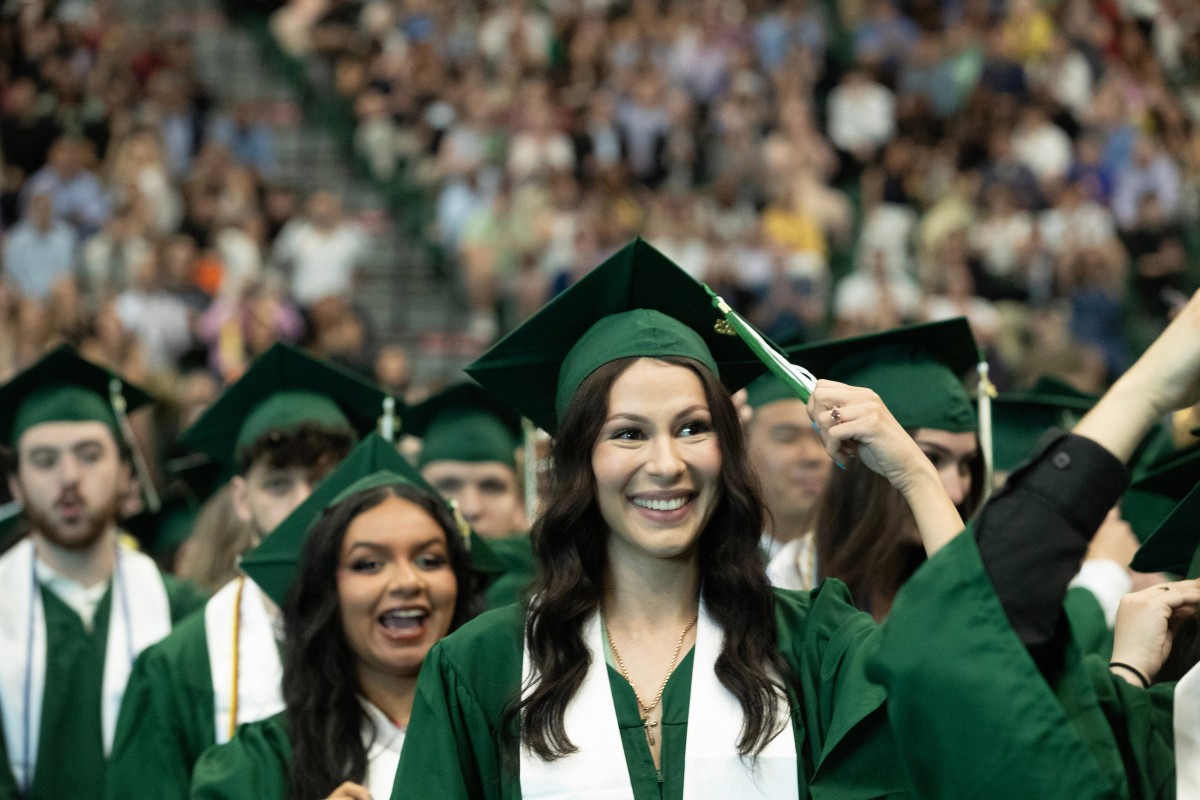 Graduates turn their tassels during the second Harpur College Commencement ceremony on May 17, 2025.